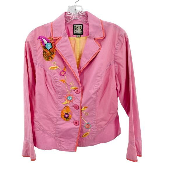 BETS by Canvasbacks Pink Floral Embroidered Cotton Lightweight Blazer Women Sz 8 - Picture 2 of 11